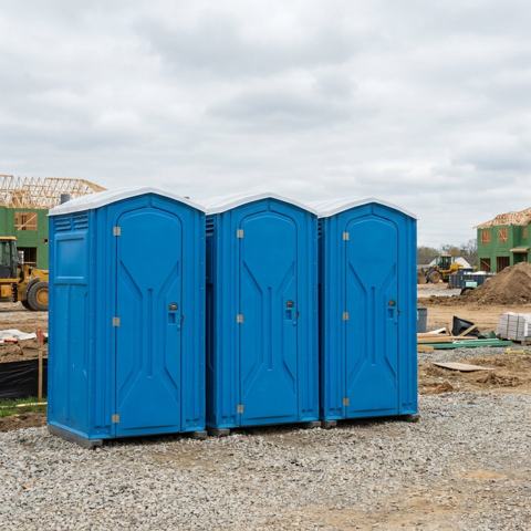 Standard porta potty rental units at a Dallas, Texas construction site