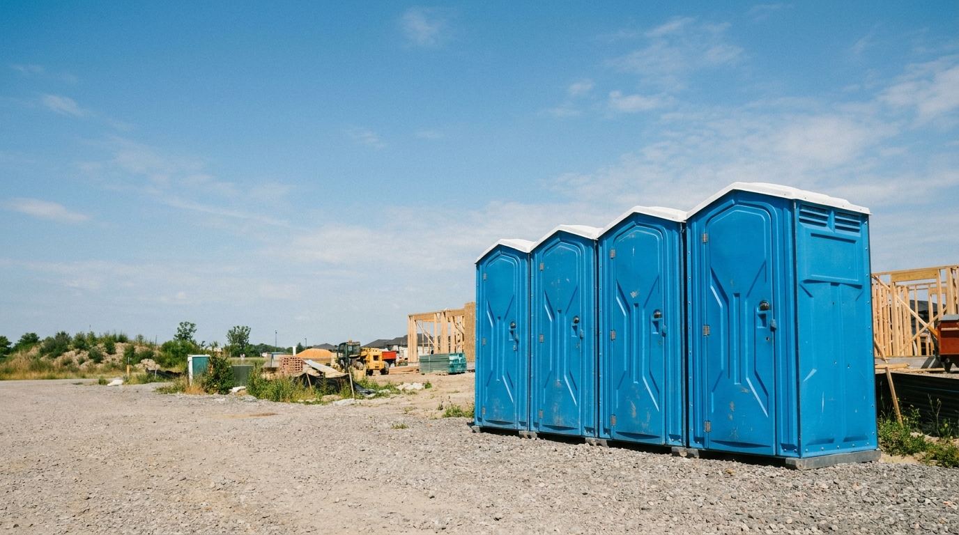 Porta potty rental units lined up at a Dallas, Texas job site